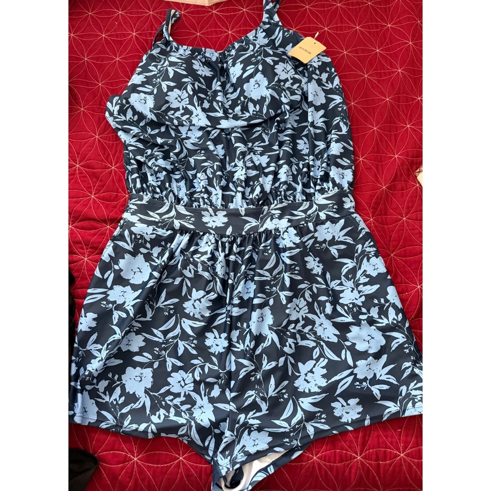 BloomChic Floral Swim Romper Navy Blue Light Blue Pockets Padded One Piece NWT